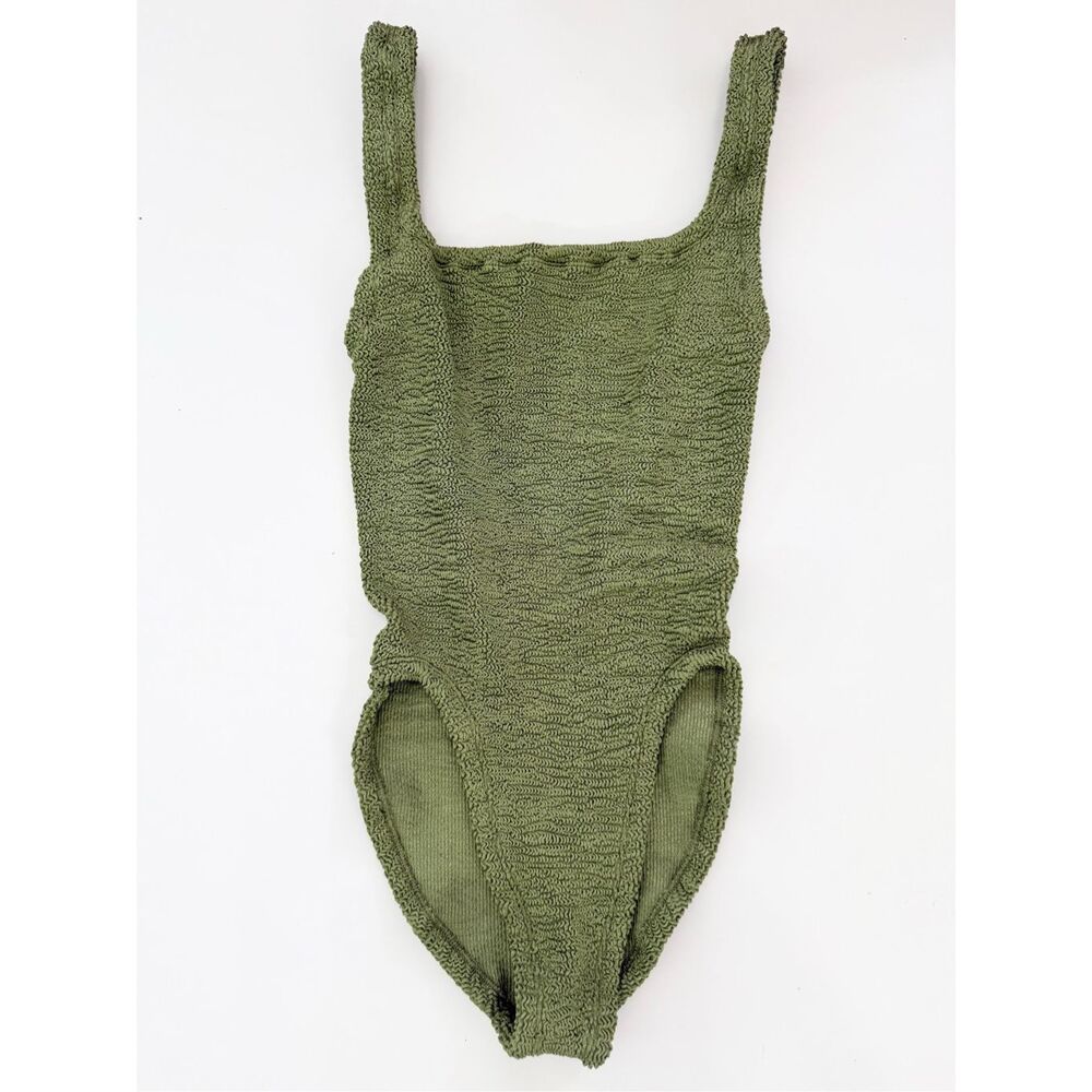 HUNZA G Square Neck Olive Green Seersucker Swimsuit One Size
